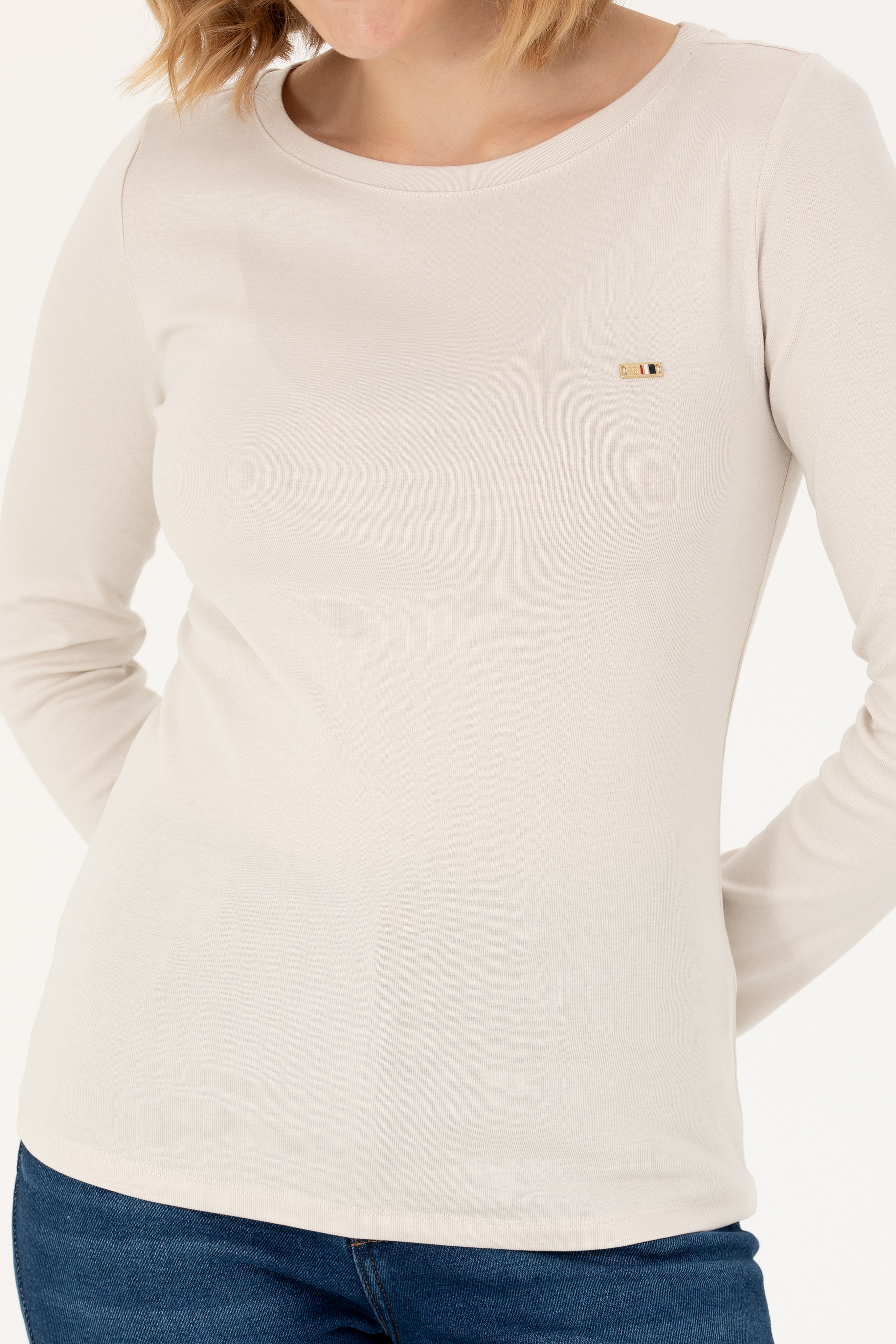 Kadın Krem Kayık Yaka Sweatshirt - Image 6