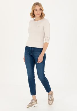 Kadın Krem Kayık Yaka Sweatshirt - 50266364076