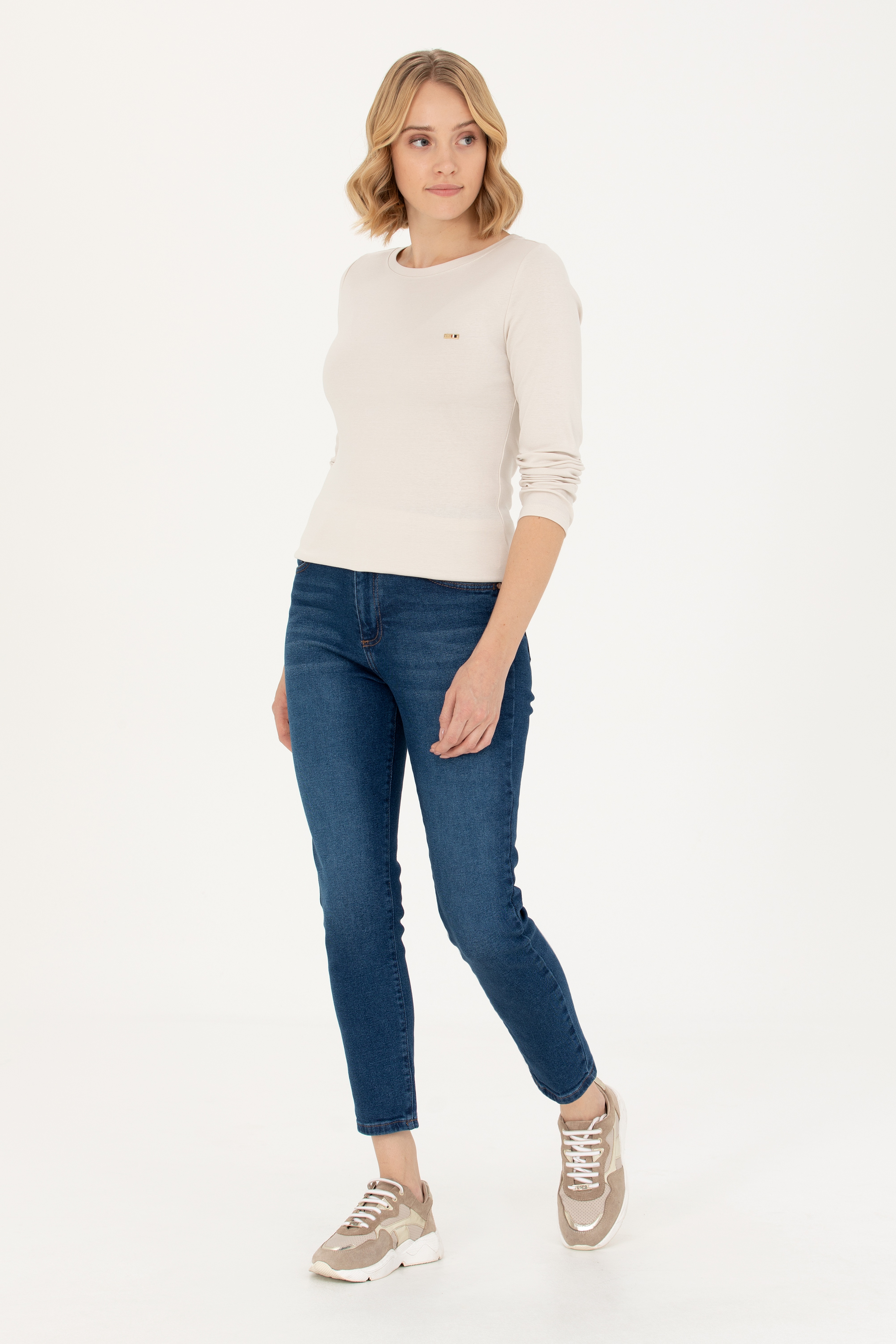 Kadın Krem Kayık Yaka Sweatshirt