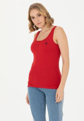 Kadın Kırmızı Bisiklet Yaka Kolsuz Basic Tişört - 50262673146