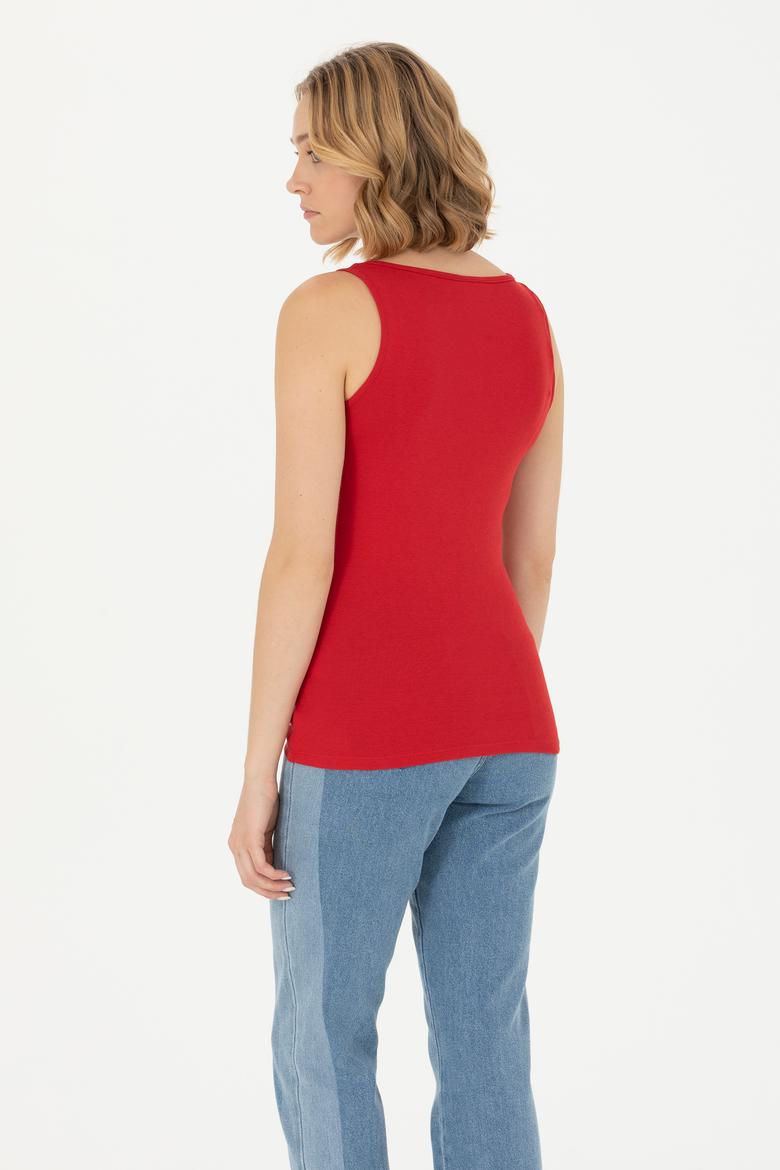 Kadın Kırmızı Bisiklet Yaka Kolsuz Basic Tişört - 50262673146