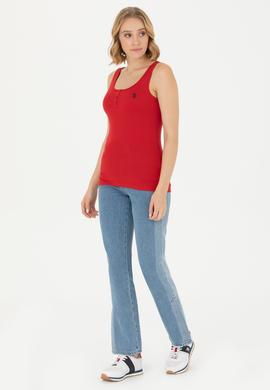 Kadın Kırmızı Bisiklet Yaka Kolsuz Basic Tişört - 50262673146