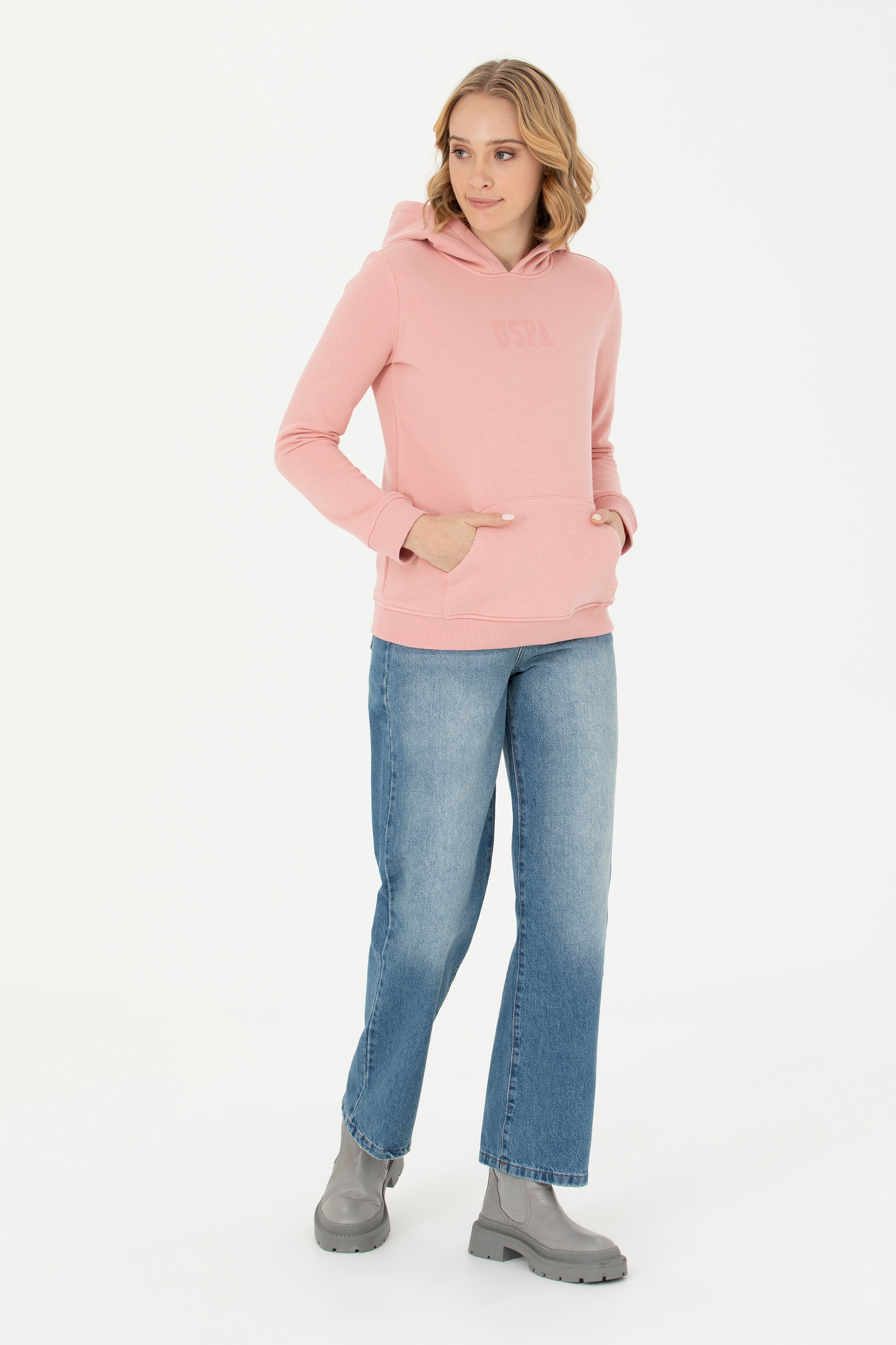 Kadın Pudra Kapüşonlu Basic Sweatshirt