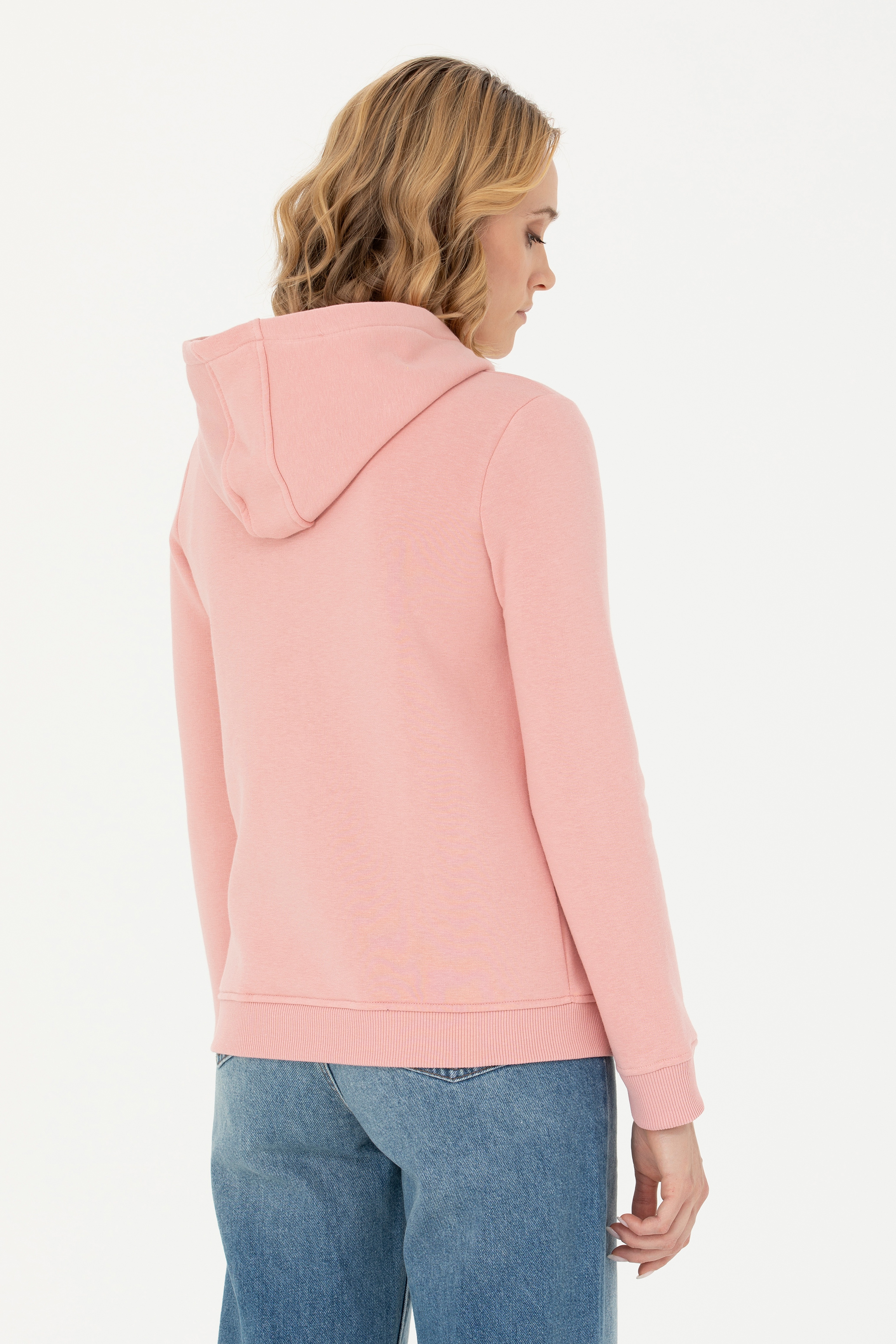 Kadın Pudra Kapüşonlu Basic Sweatshirt - Image 5