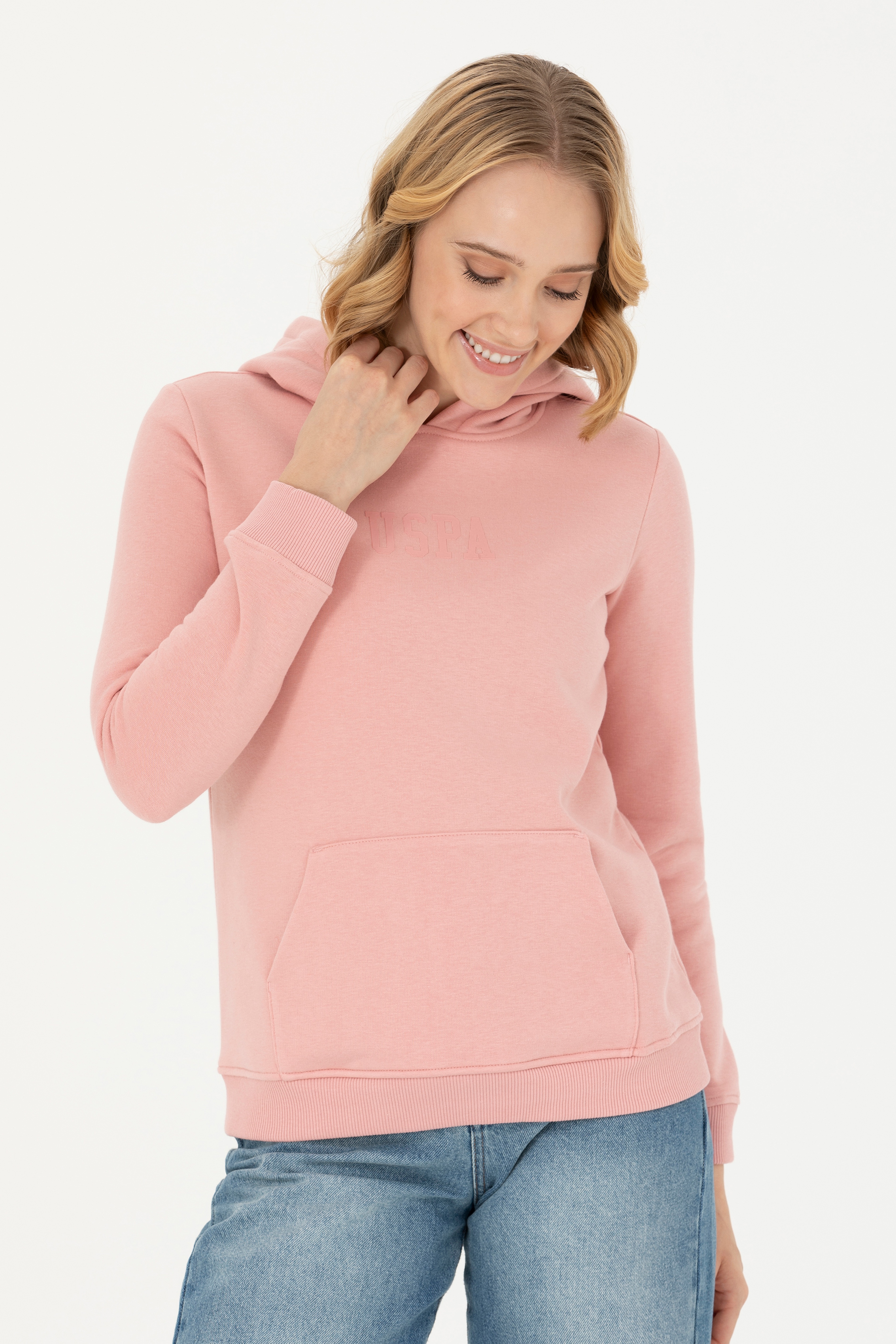 Kadın Pudra Kapüşonlu Basic Sweatshirt