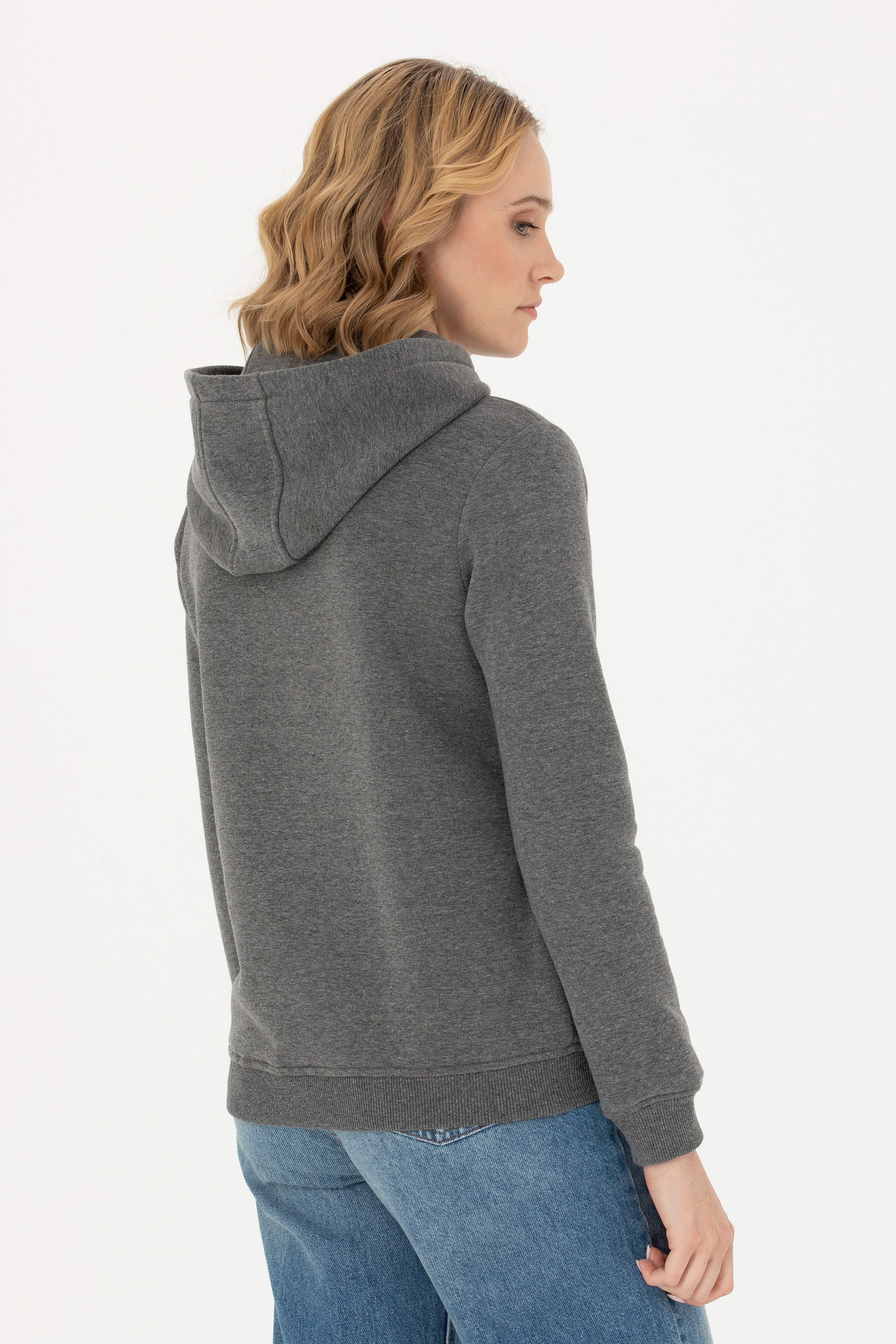 Kadın Antrasit Melanj Kapüşonlu Basic Sweatshirt - Image 5