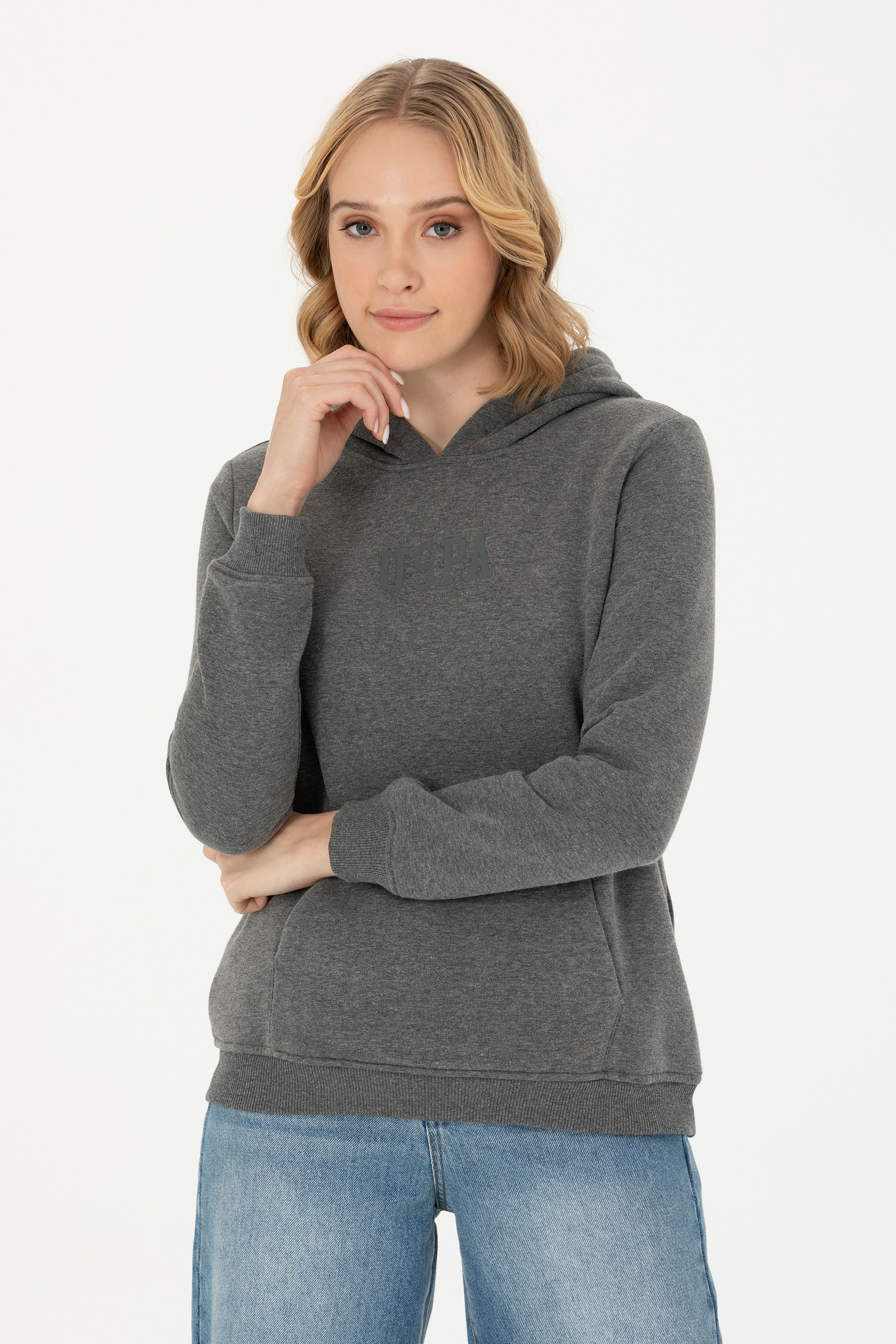 Kadın Antrasit Melanj Kapüşonlu Basic Sweatshirt - Image 1