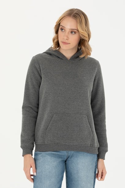 Kadın Antrasit Melanj Kapüşonlu Basic Sweatshirt