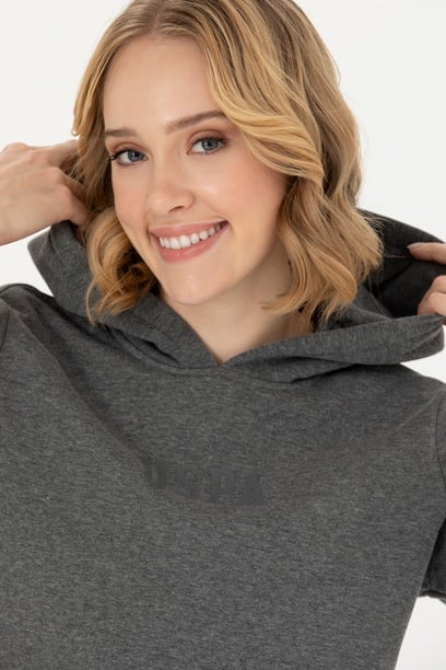 Kadın Antrasit Melanj Kapüşonlu Basic Sweatshirt