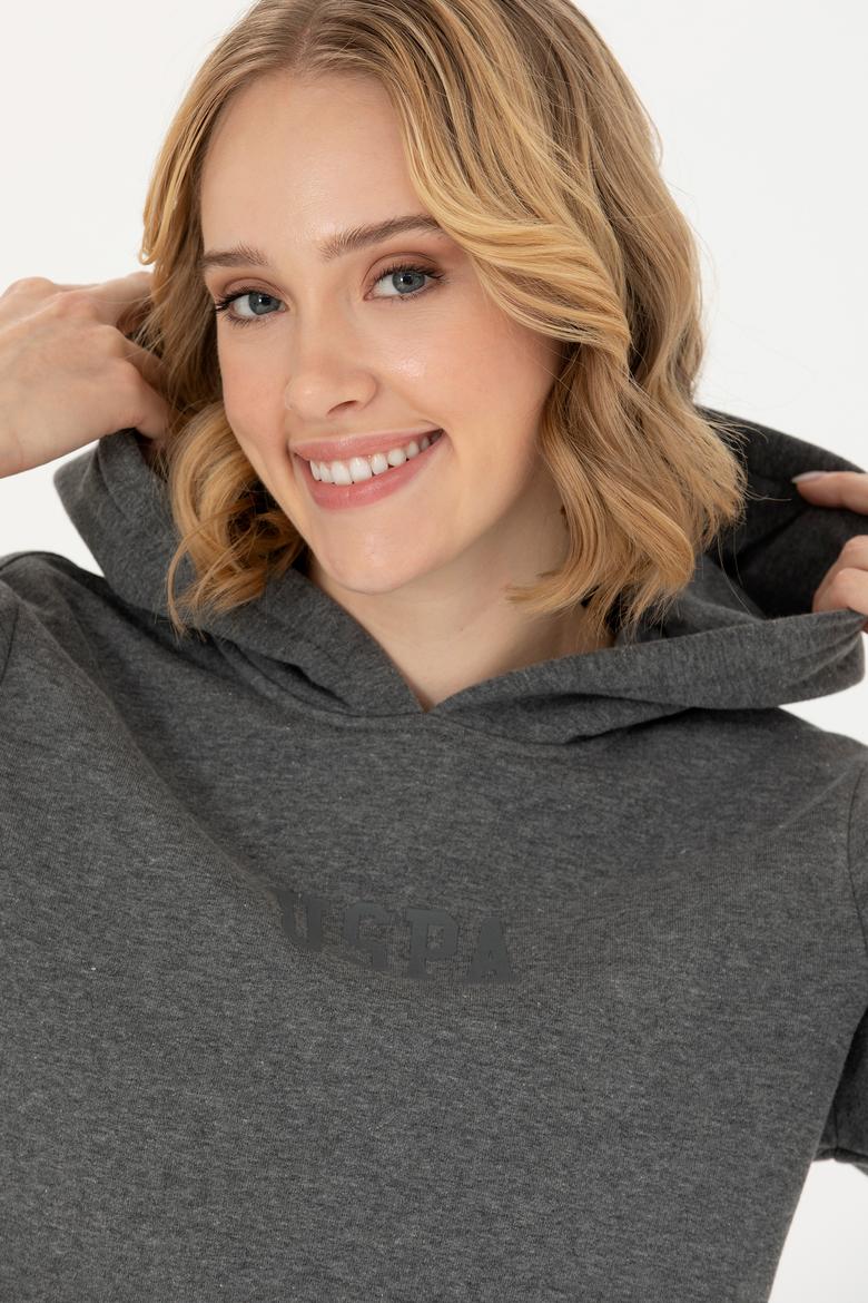 Kadın Antrasit Melanj Kapüşonlu Basic Sweatshirt - 50271557130