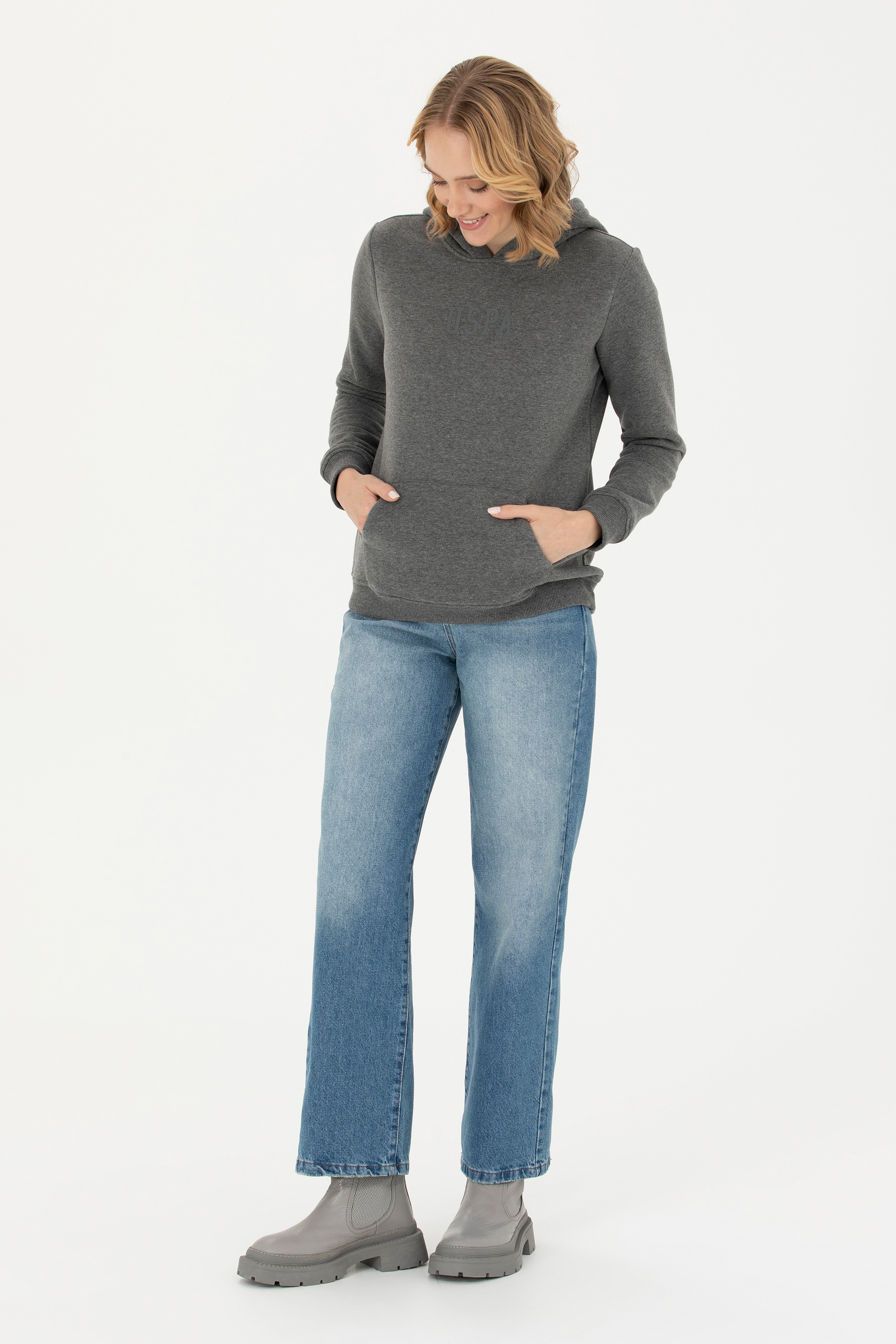 Kadın Antrasit Melanj Kapüşonlu Basic Sweatshirt