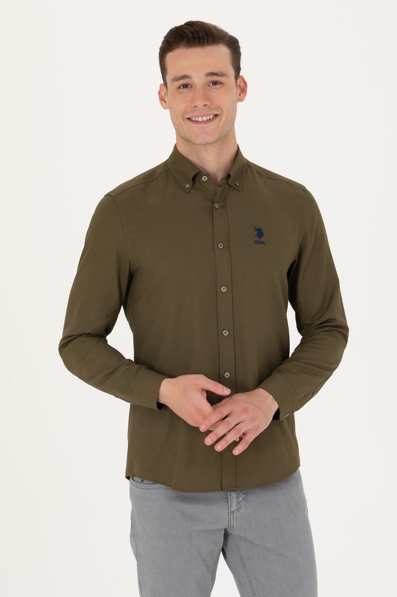 Erkek Haki Uzun Kollu Basic Gömlek