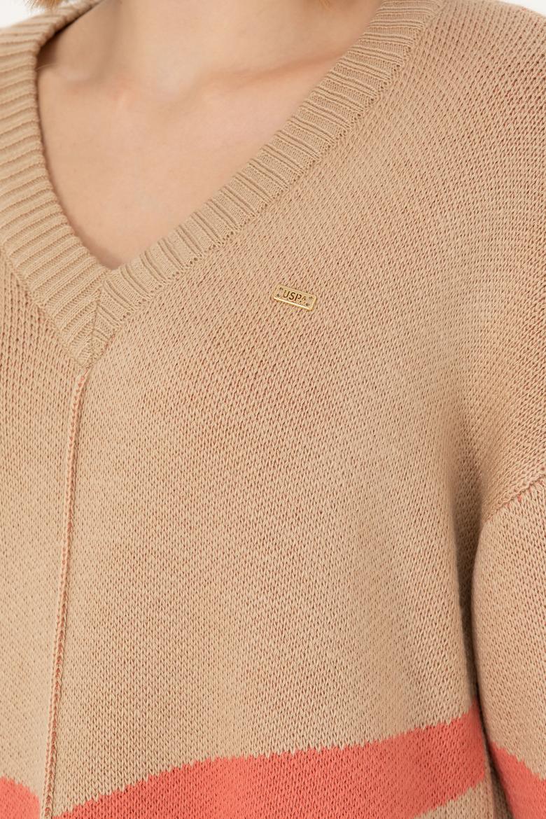 Kadın Kum Melanj V Yaka Triko Kazak - 50272041018