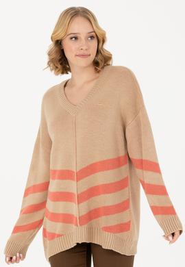 Kadın Kum Melanj V Yaka Triko Kazak - 50272041018