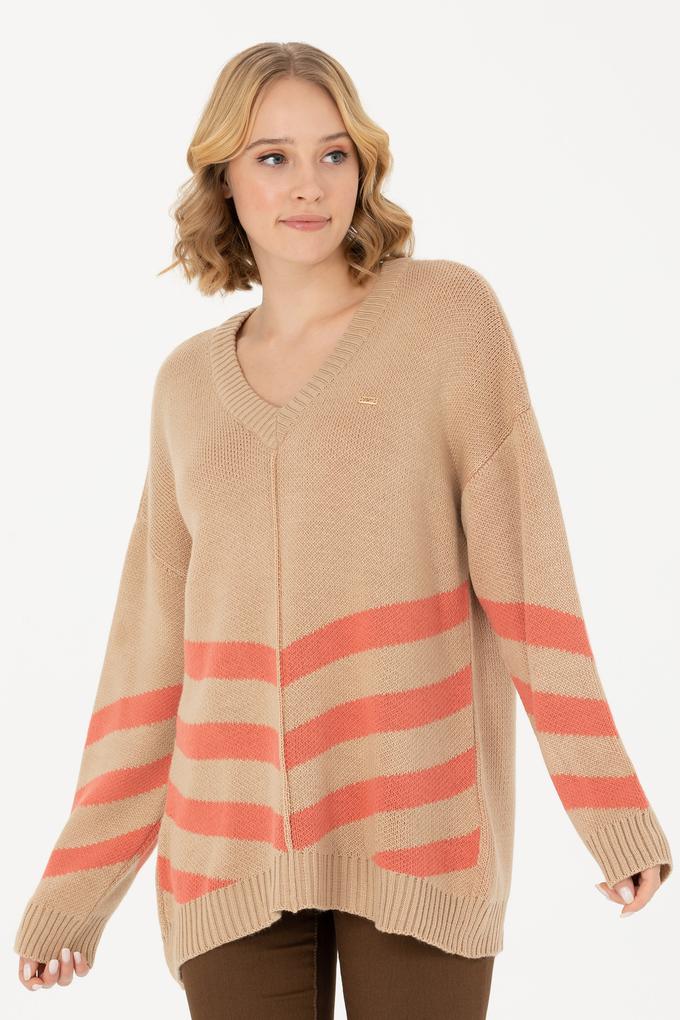 Kadın Kum Melanj V Yaka Triko Kazak