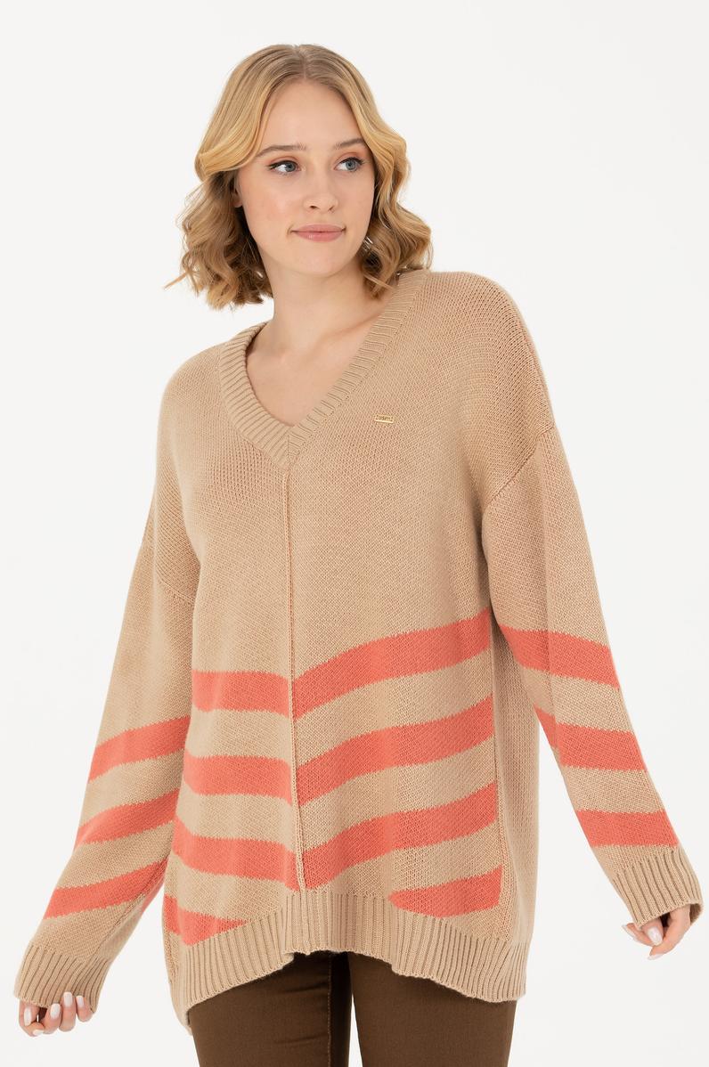 Kadın Kum Melanj V Yaka Triko Kazak