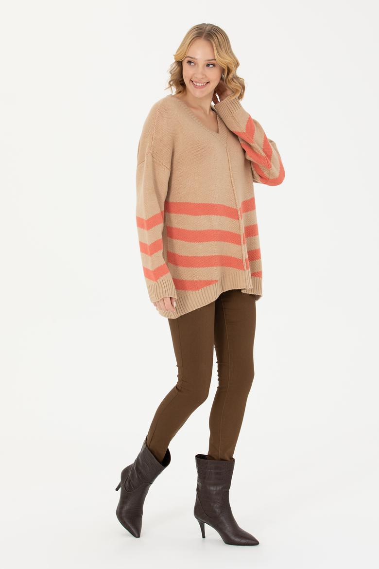 Kadın Kum Melanj V Yaka Triko Kazak - 50272041018