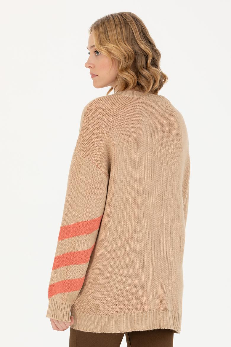 Kadın Kum Melanj V Yaka Triko Kazak - 50272041018