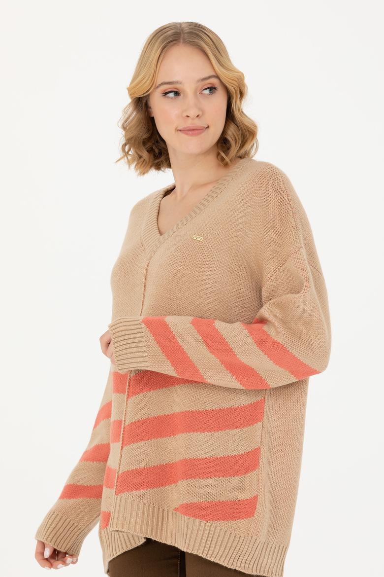 Kadın Kum Melanj V Yaka Triko Kazak - 50272041018