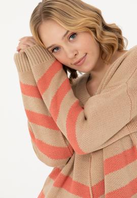 Kadın Kum Melanj V Yaka Triko Kazak - 50272041018