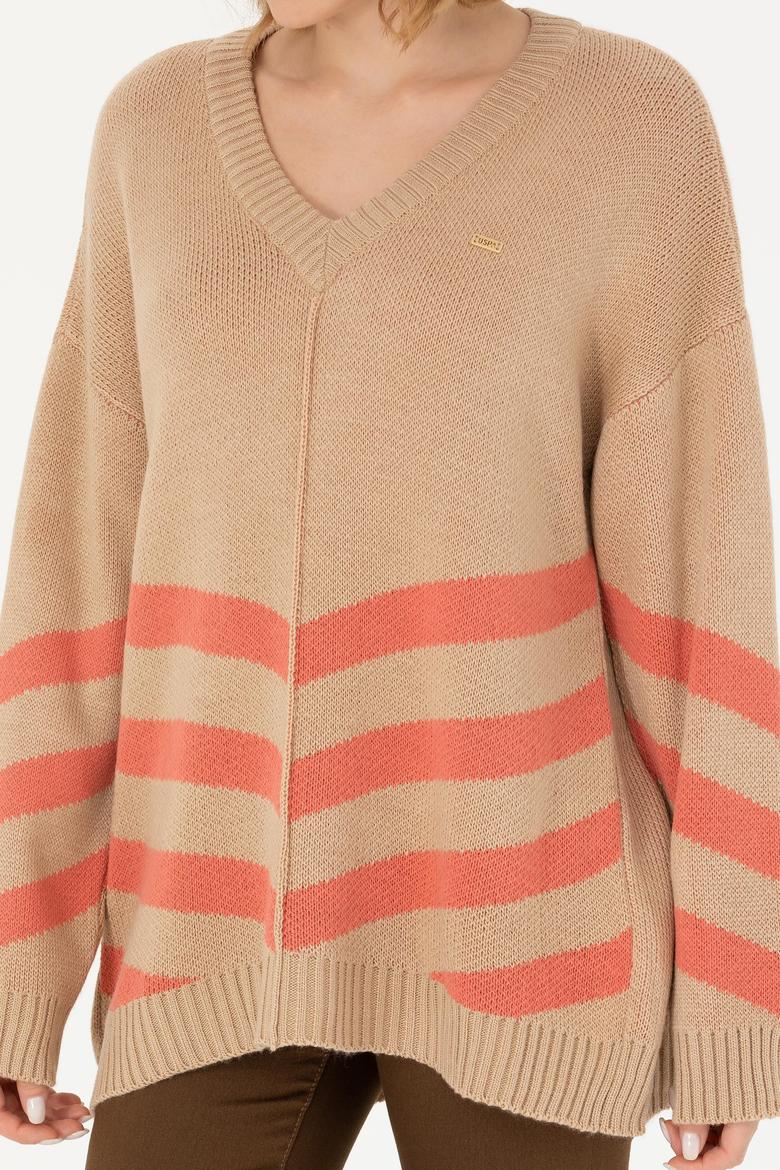 Kadın Kum Melanj V Yaka Triko Kazak - 50272041018