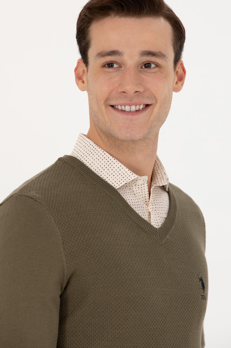 Erkek Haki V Yaka Kazak