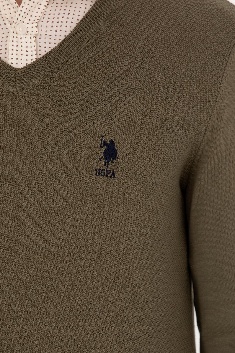 Erkek Haki V Yaka Kazak