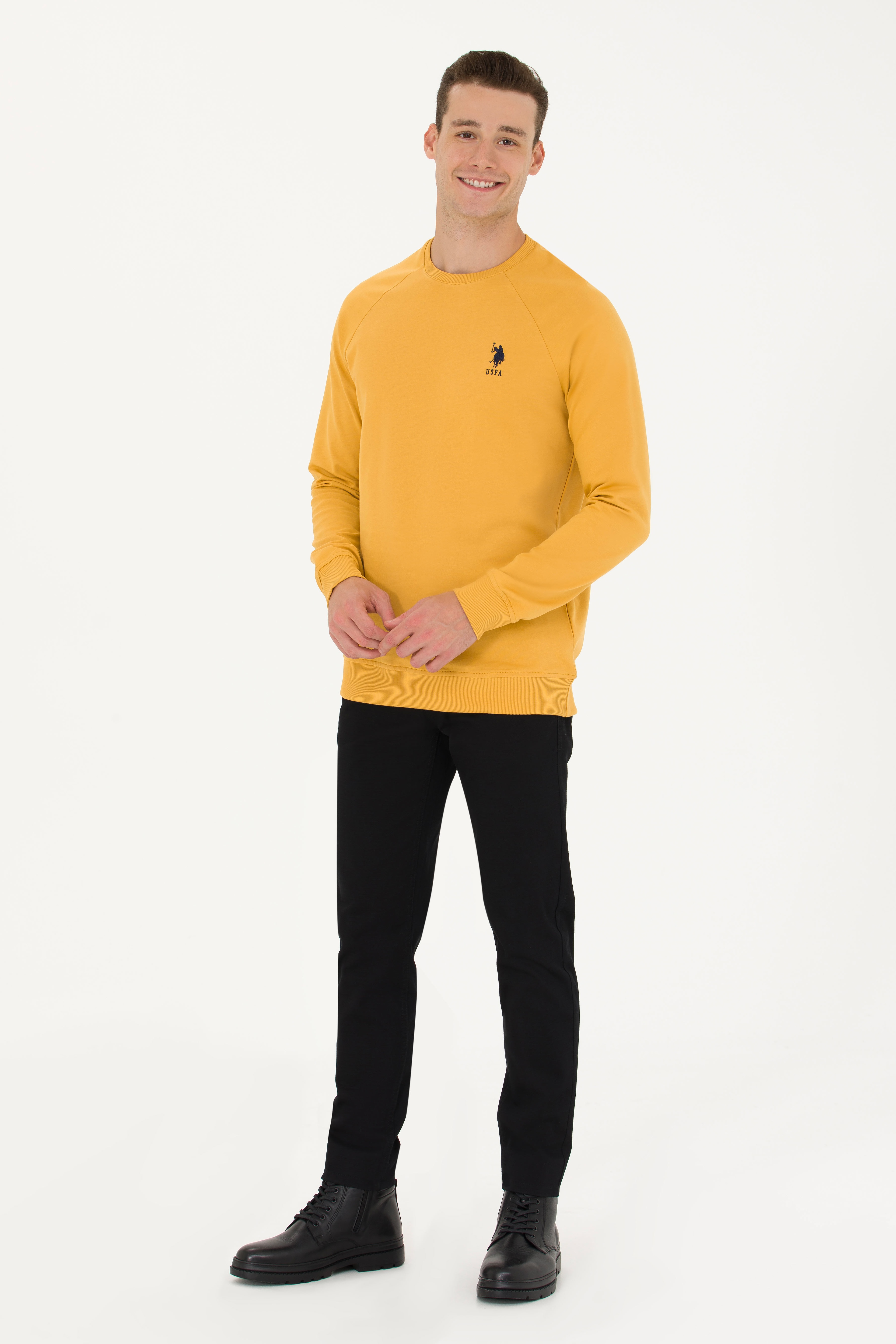 Erkek Hardal Bisiklet Yaka Basic Sweatshirt - Image 4
