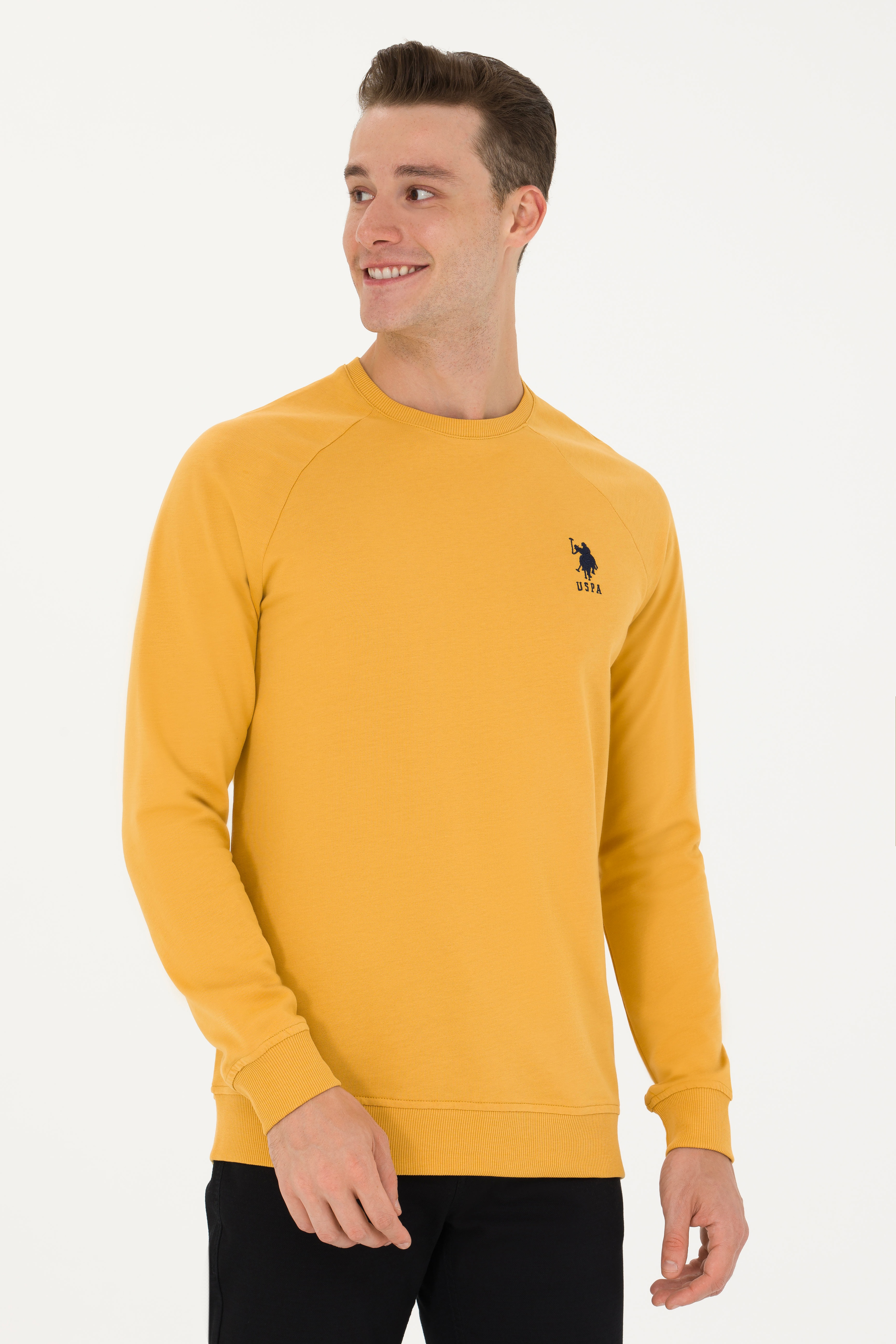 Erkek Hardal Bisiklet Yaka Basic Sweatshirt - Image 1