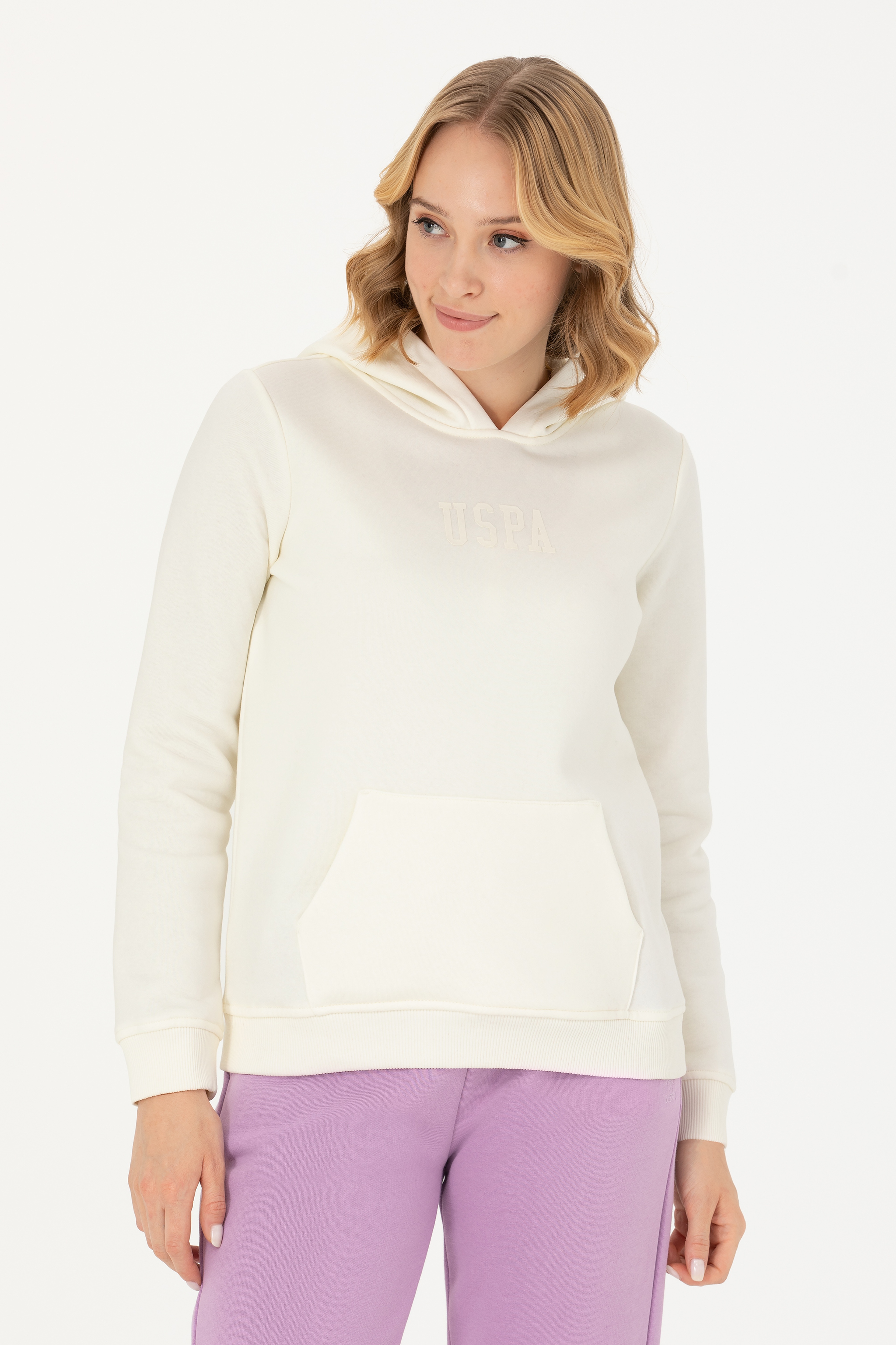 Kadın Ekru Kapüşonlu Basic Sweatshirt - Image 3