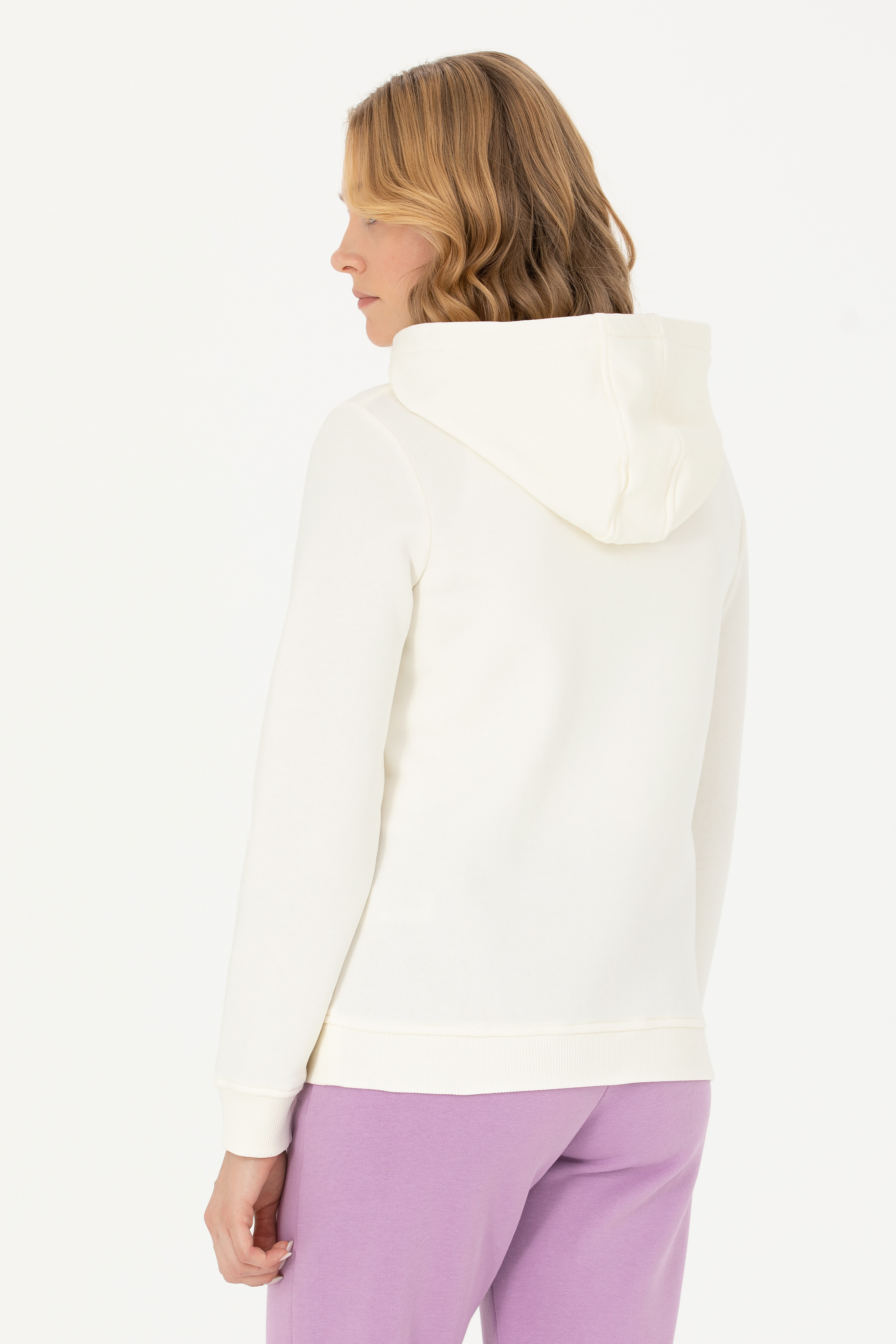 Kadın Ekru Kapüşonlu Basic Sweatshirt - Image 5