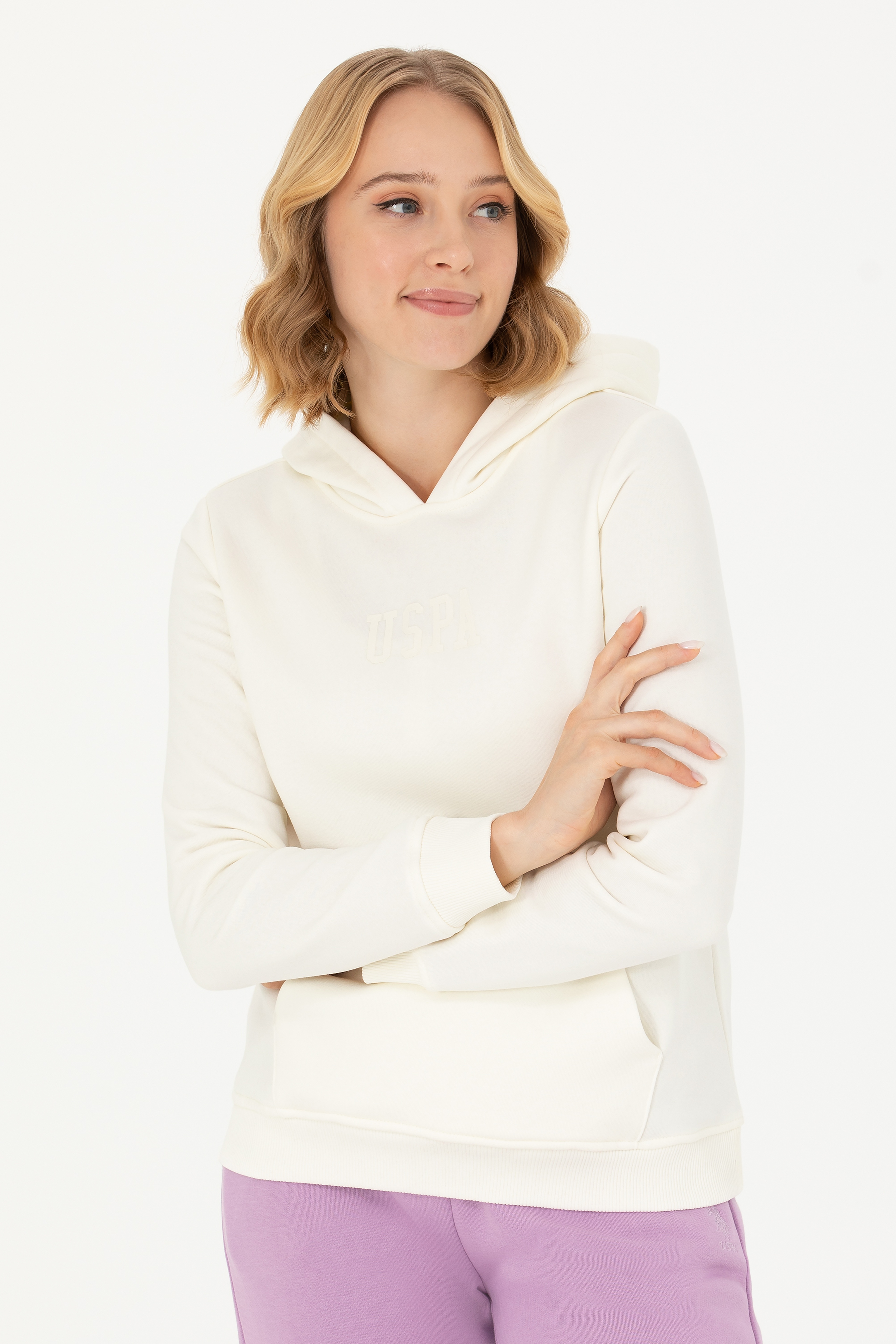 Kadın Ekru Kapüşonlu Basic Sweatshirt - Image 1