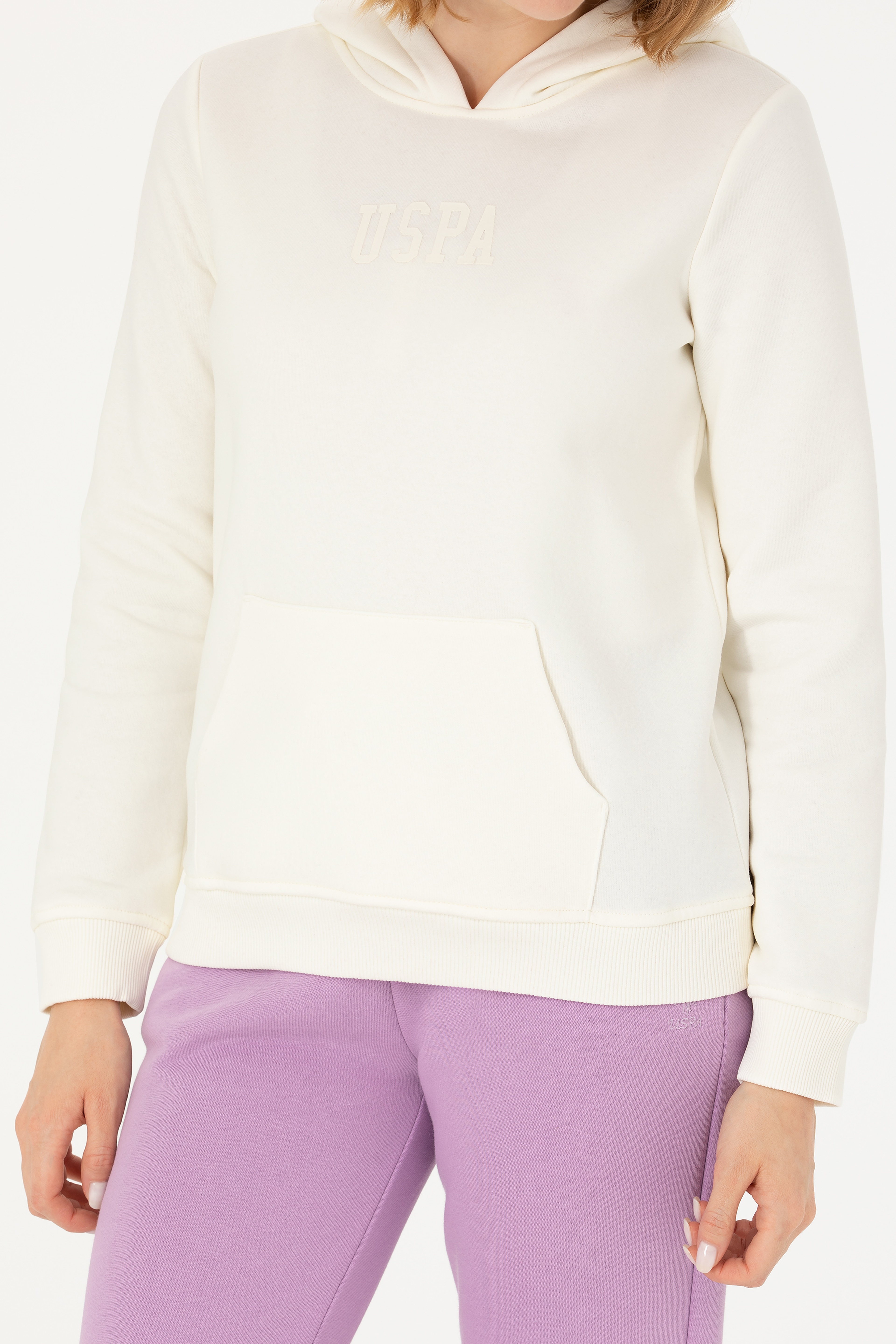 Kadın Ekru Kapüşonlu Basic Sweatshirt - Image 6