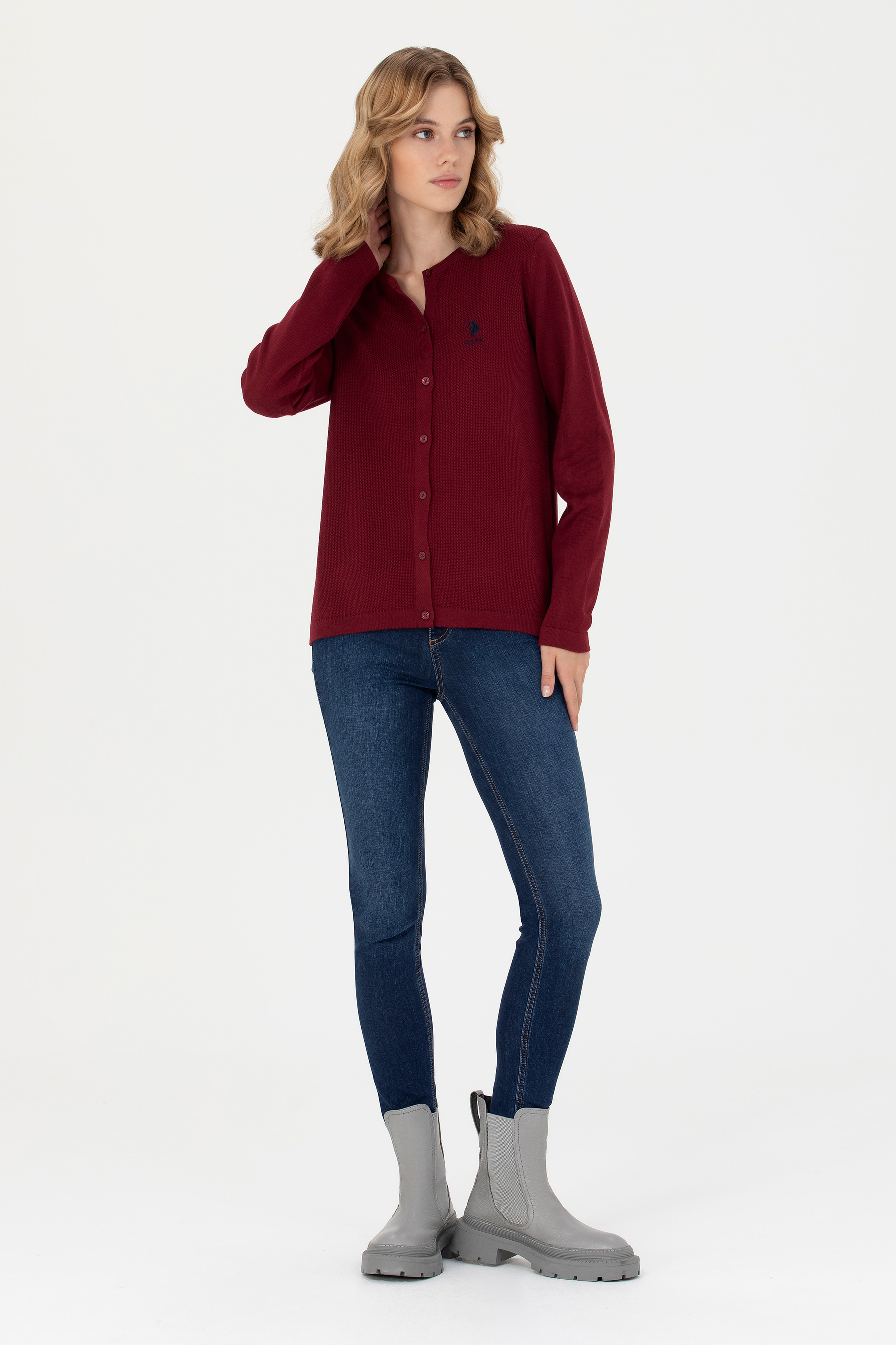 Kadın Bordo Basic Triko Hırka - Image 4