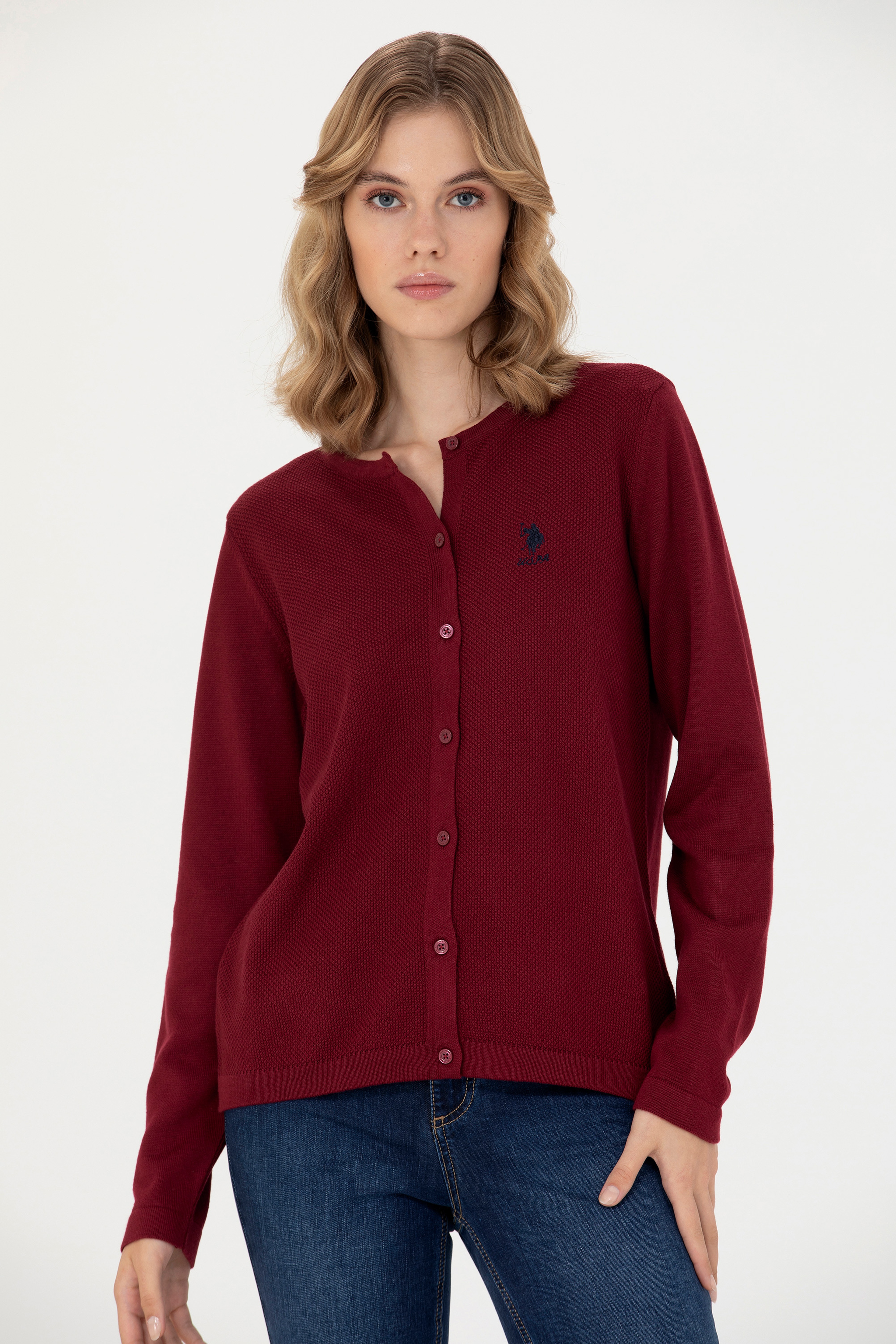 Kadın Bordo Basic Triko Hırka - Image 1