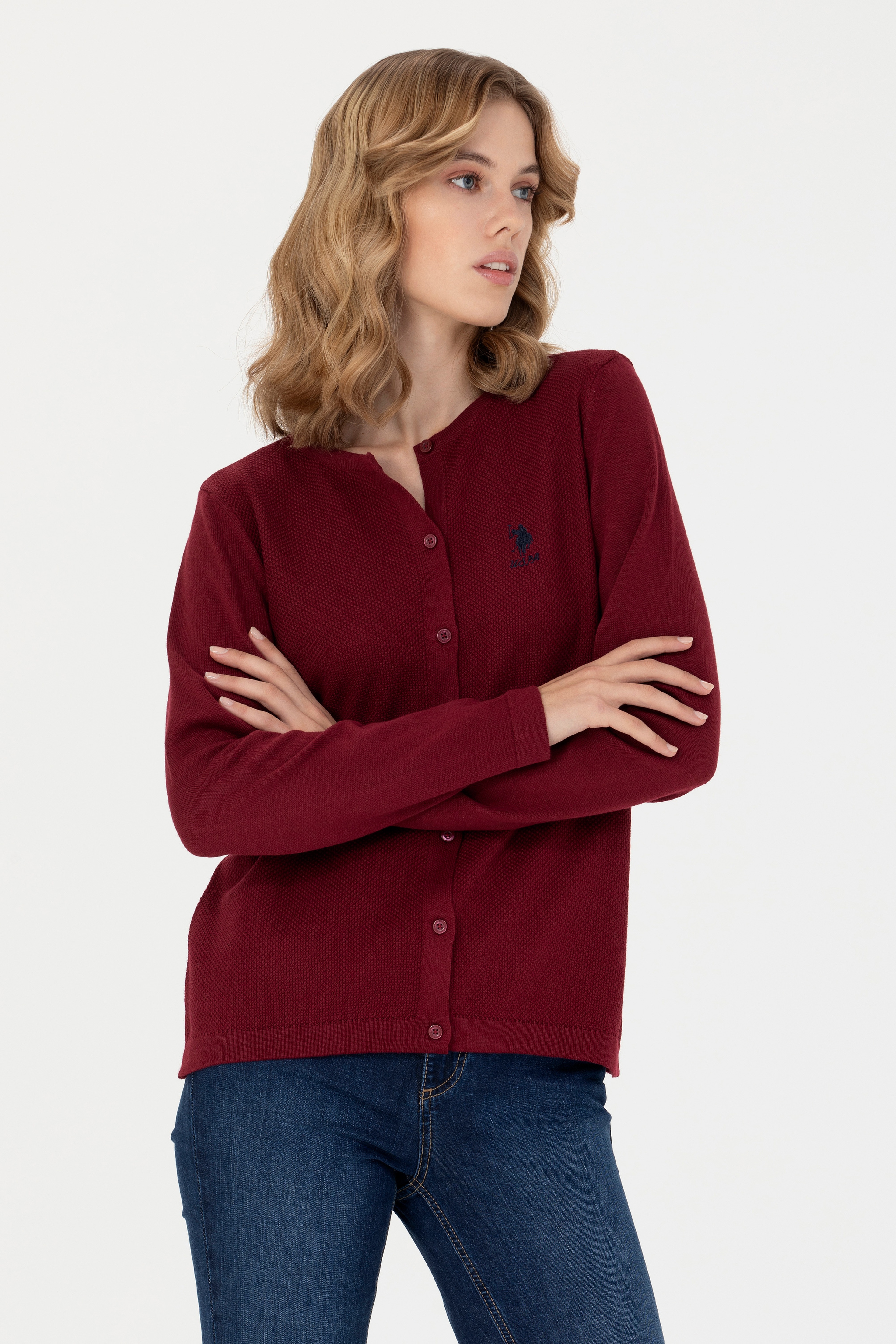 Kadın Bordo Basic Triko Hırka - Image 3