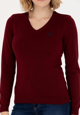 Kadın Bordo V Yaka Basic Kazak - 50269014019
