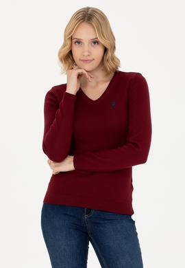 Kadın Bordo V Yaka Basic Kazak - 50269014019