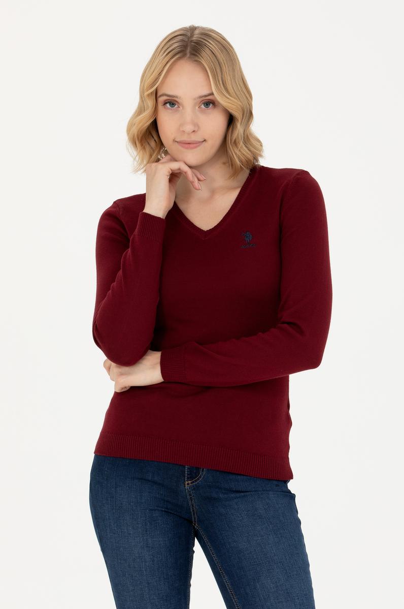 Kadın Bordo V Yaka Basic Kazak