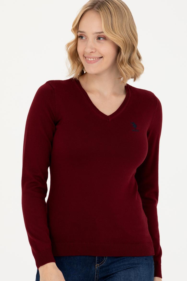 Kadın Bordo V Yaka Basic Kazak - 50269014019