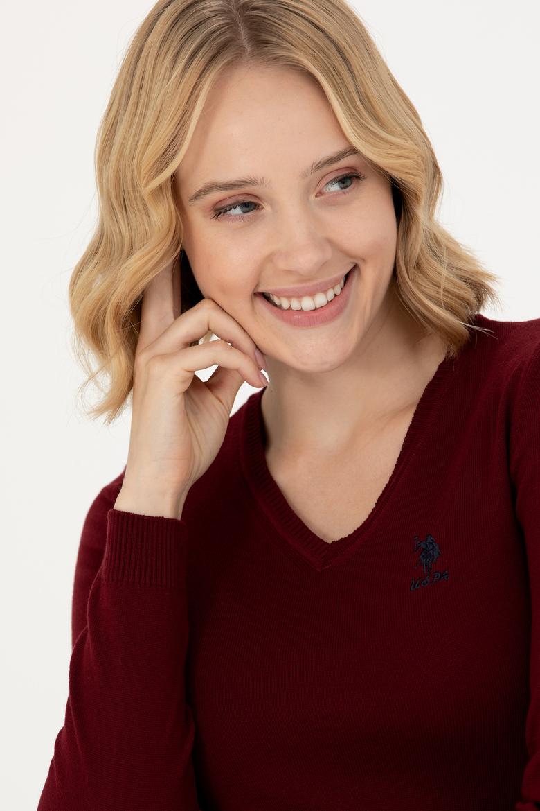 Kadın Bordo V Yaka Basic Kazak - 50269014019