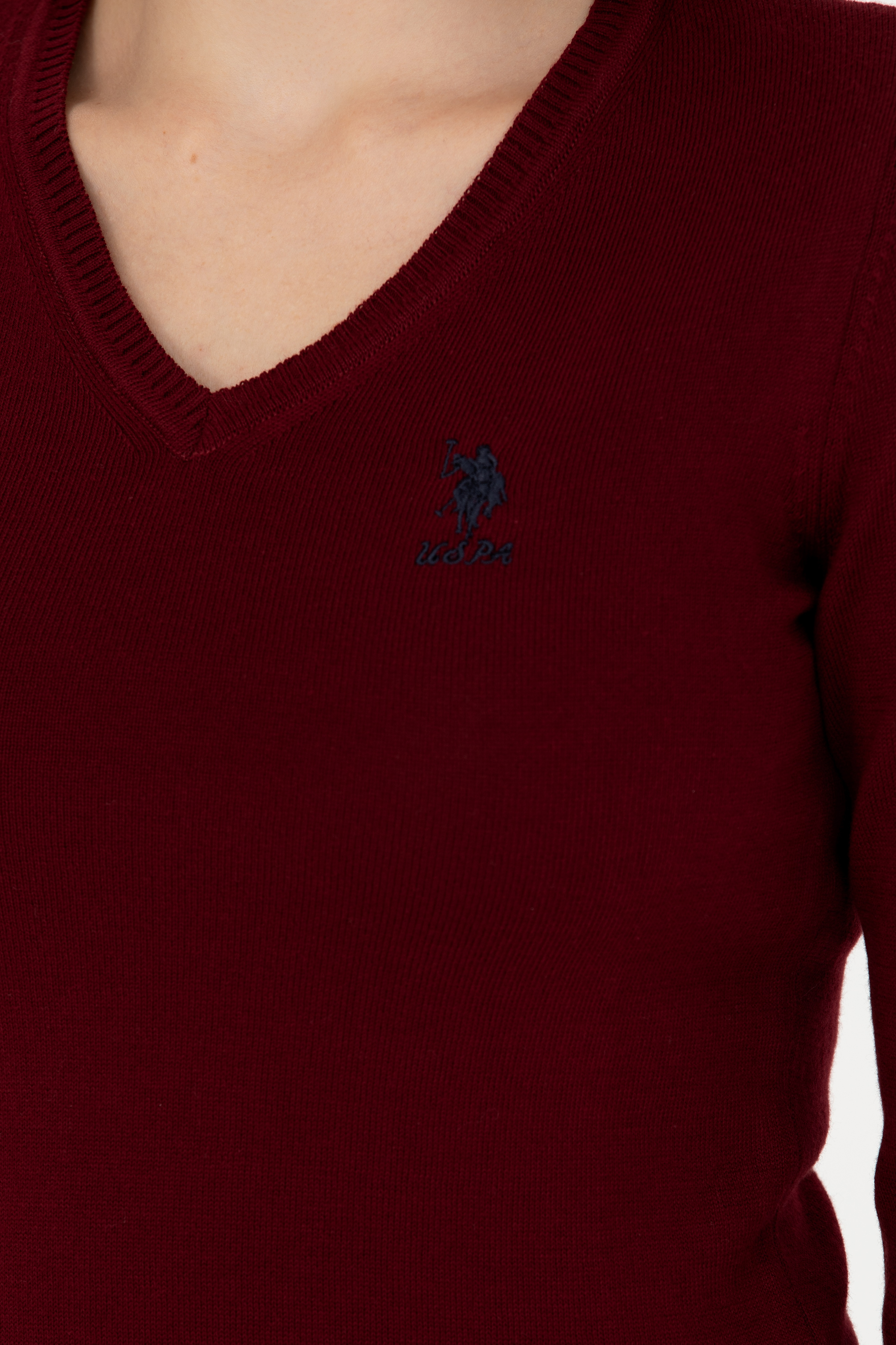 Kadın Bordo V Yaka Basic Kazak