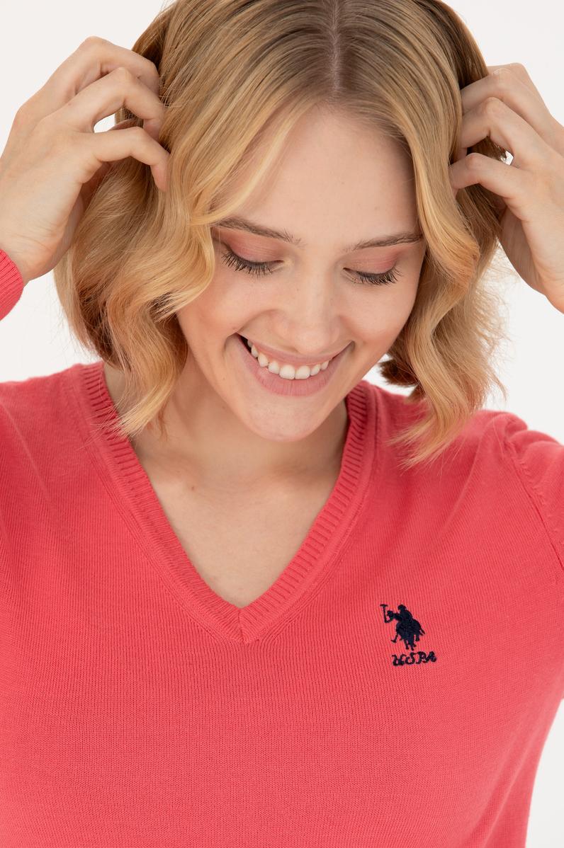 Kadın Pembe V Yaka Basic Kazak