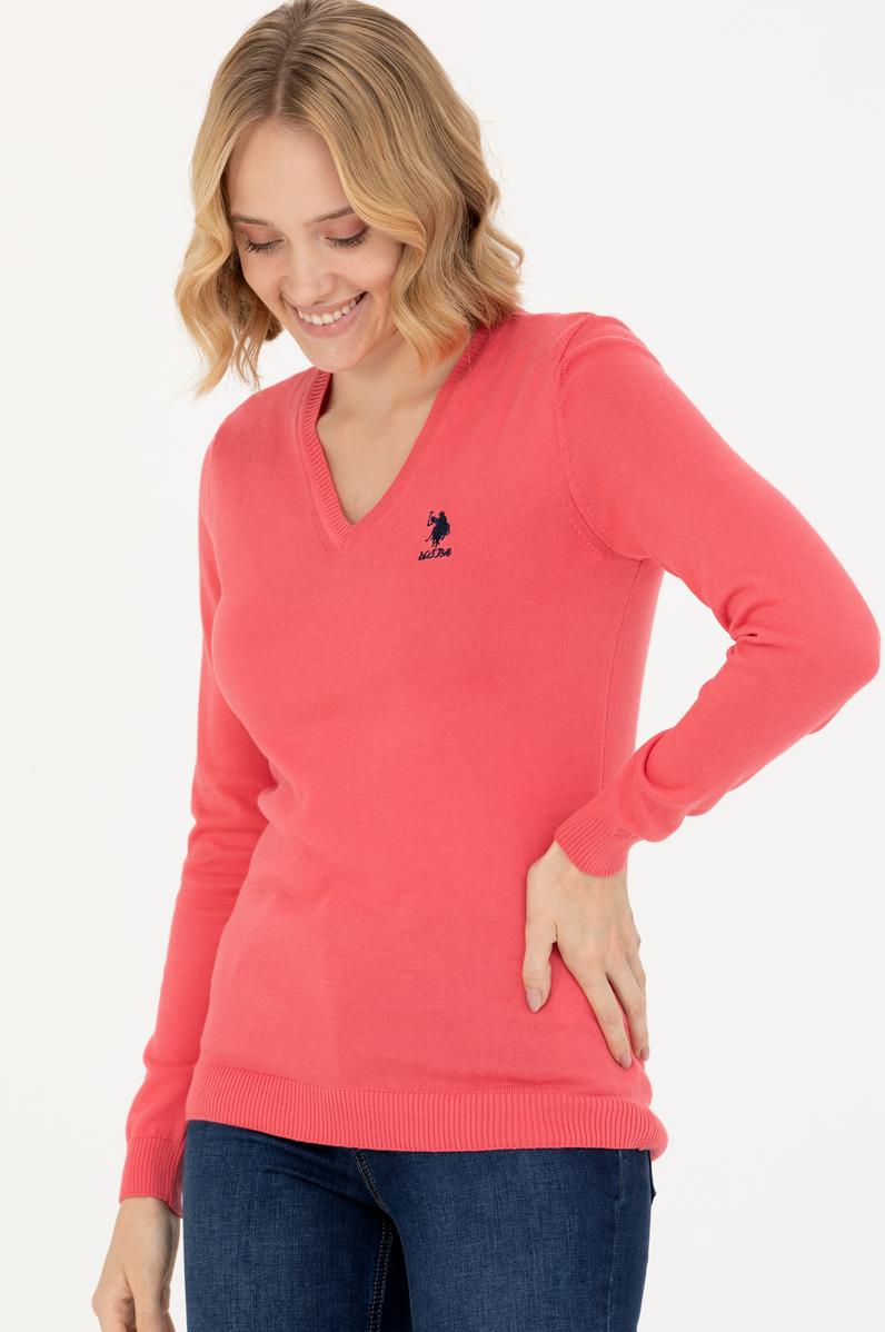 Kadın Pembe V Yaka Basic Kazak