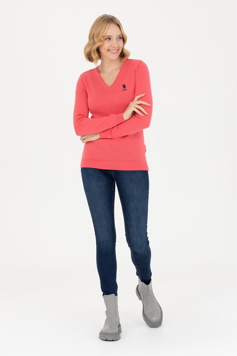 Kadın Pembe V Yaka Basic Kazak - 50269014059