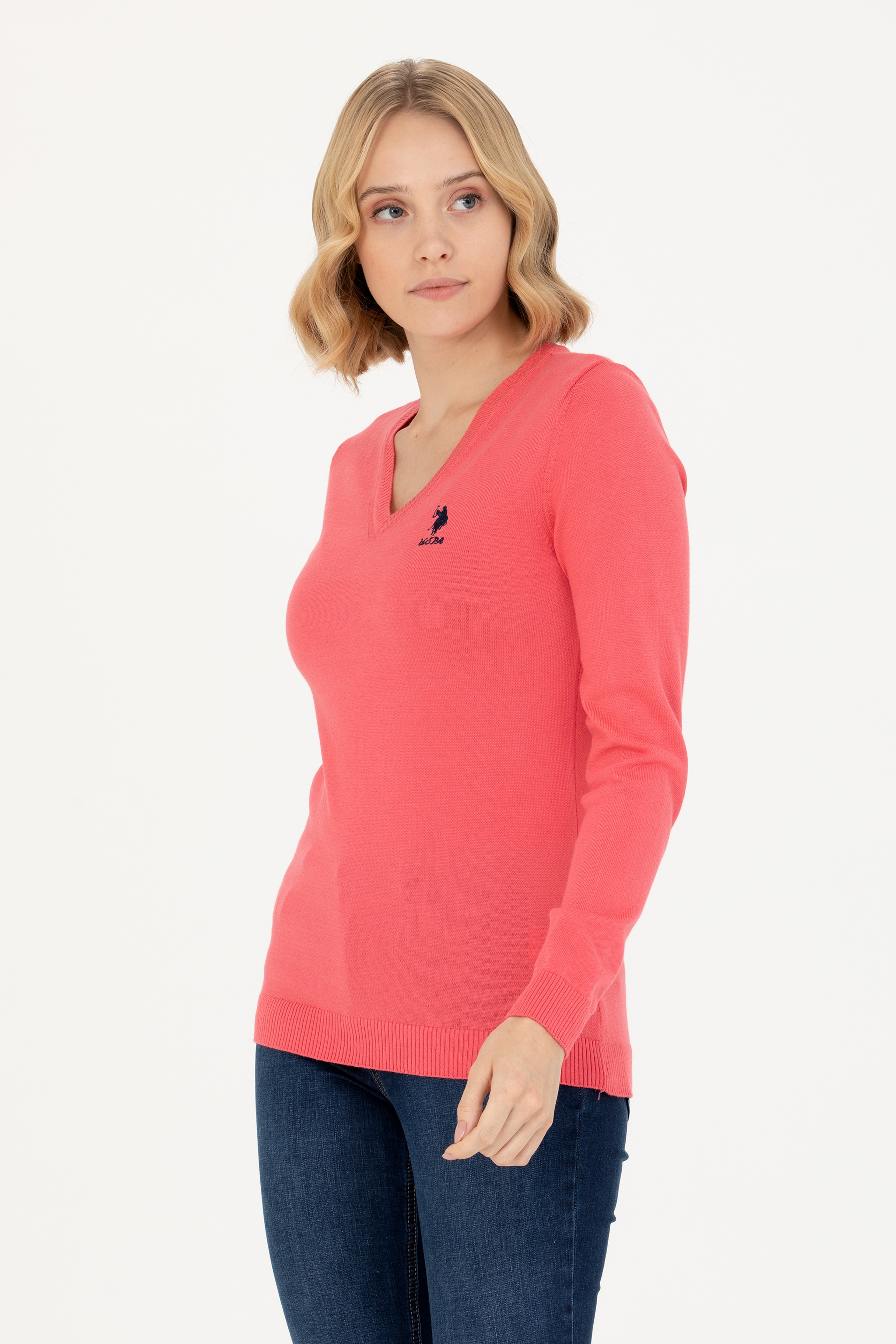 Kadın Pembe V Yaka Basic Kazak - Image 3