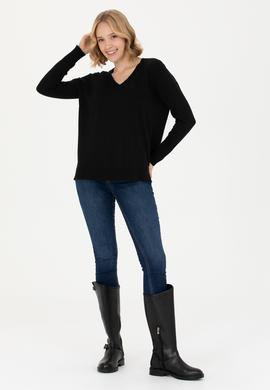 Kadın Siyah V Yaka Basic Kazak - 50269016026