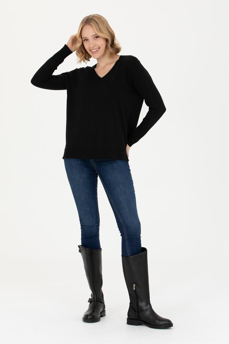 Kadın Siyah V Yaka Basic Kazak - 50269016026