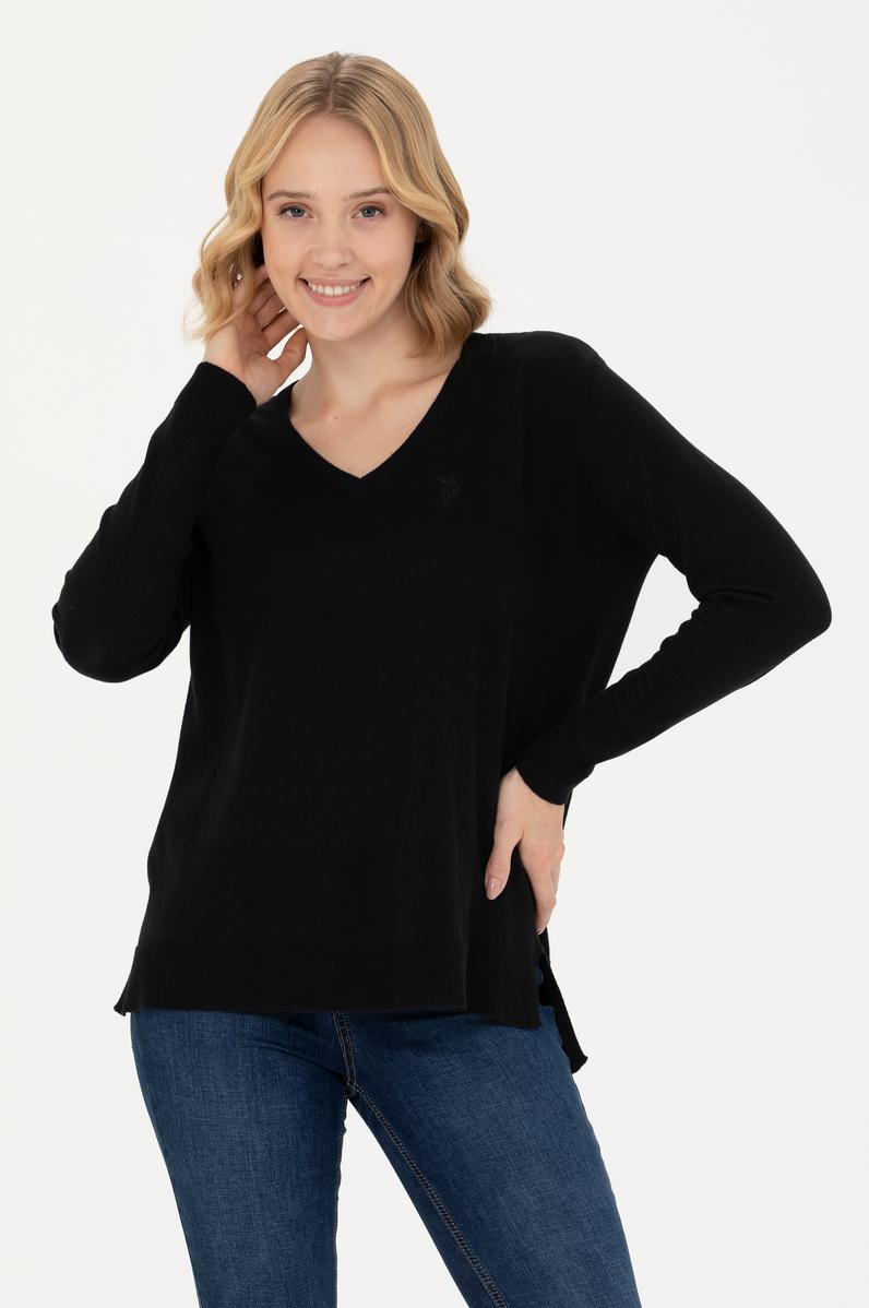 Kadın Siyah V Yaka Basic Kazak