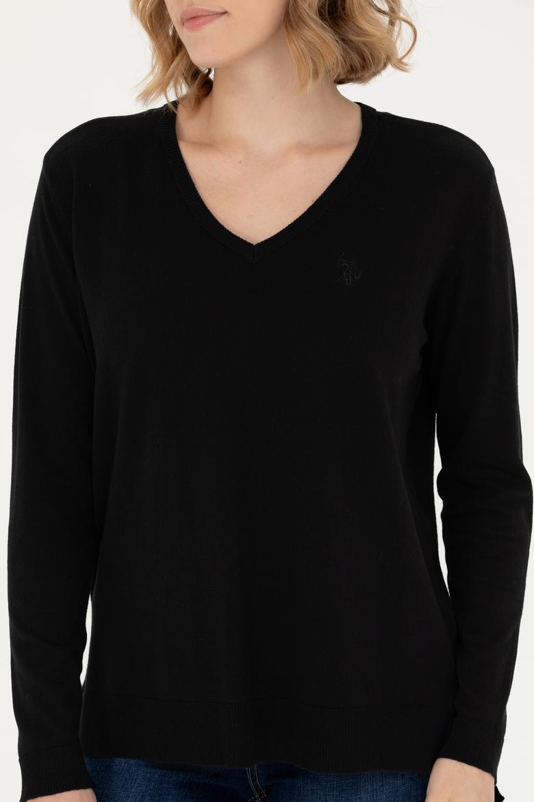 Kadın Siyah V Yaka Basic Kazak - 50269016026